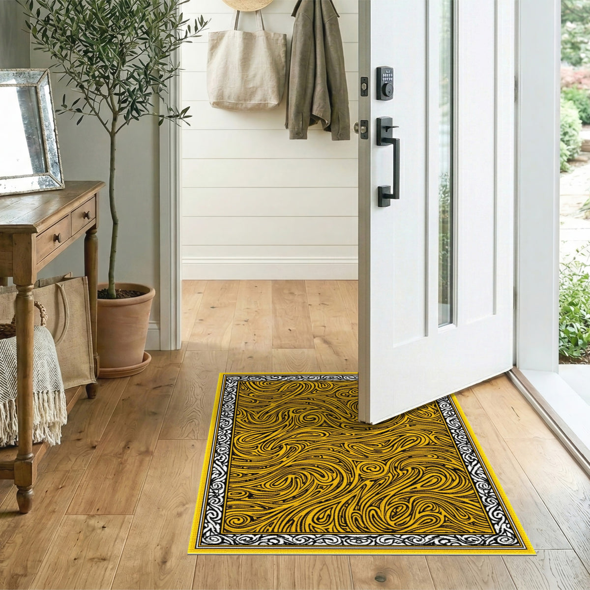 Bold Yellow Swirl Abstract Area Rug