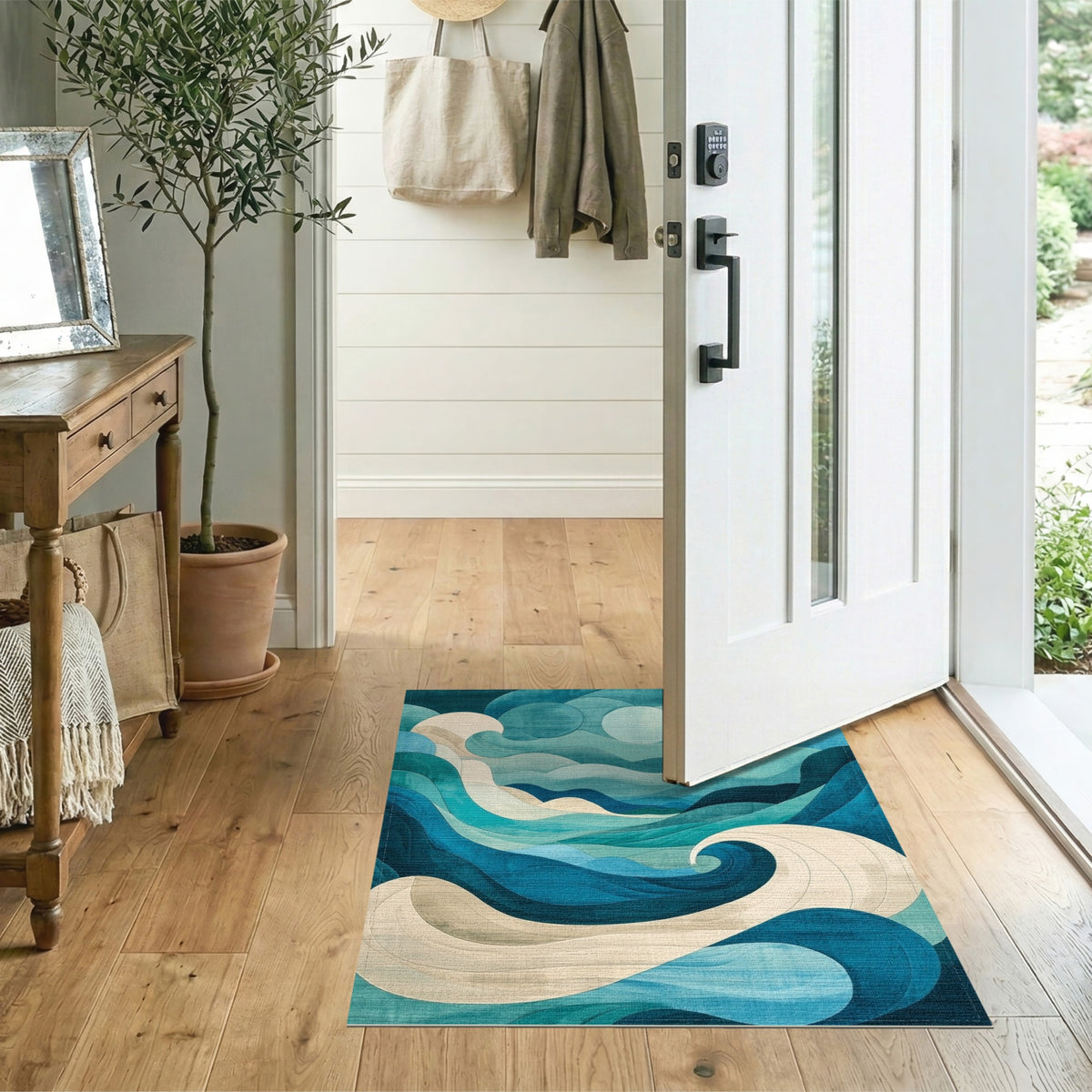 Blue Teal Wave Coastal Blue and Teal Area Rug
