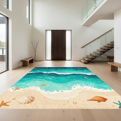 Teal Starry Waves Seashell Starfish Rug