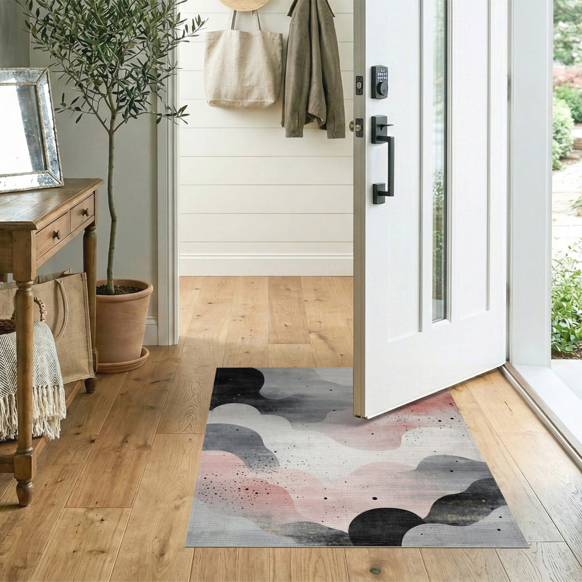 Abstract Wave Pink Black Area Rug