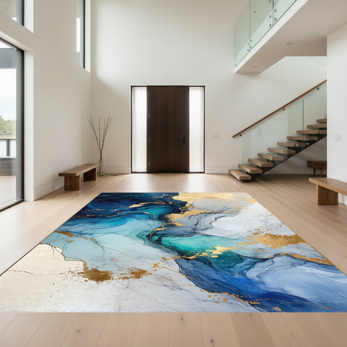 Navy Teal Gold Fluid Swirl Rug