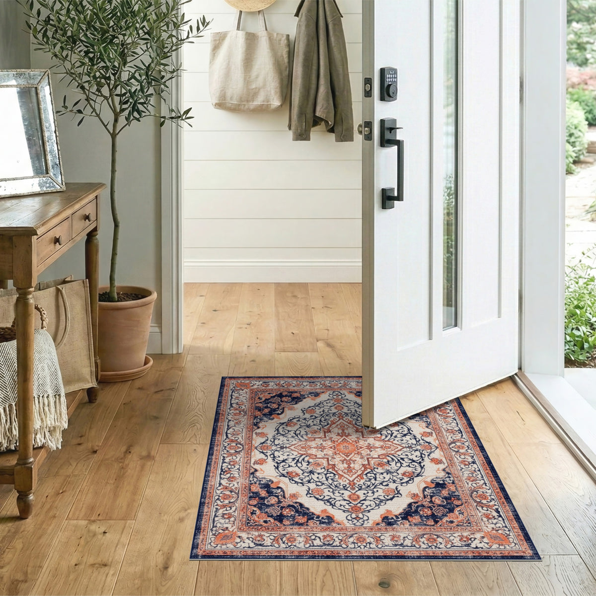 Navy Blue Orange Persian Medallion Rug