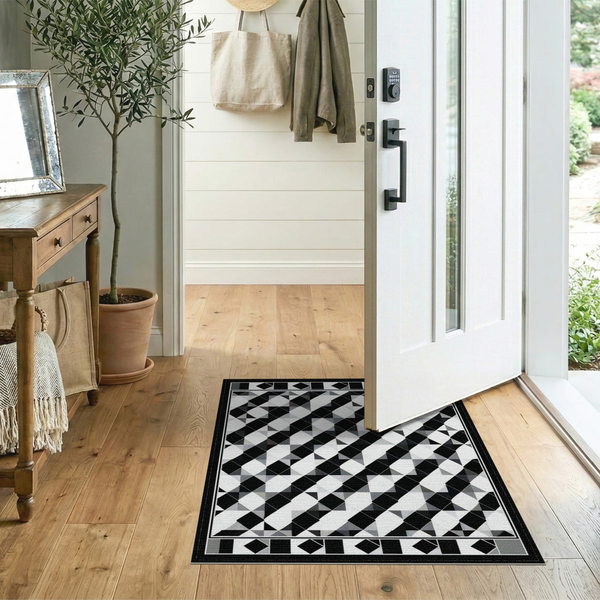 Black White Geometric Diamond Area Rug