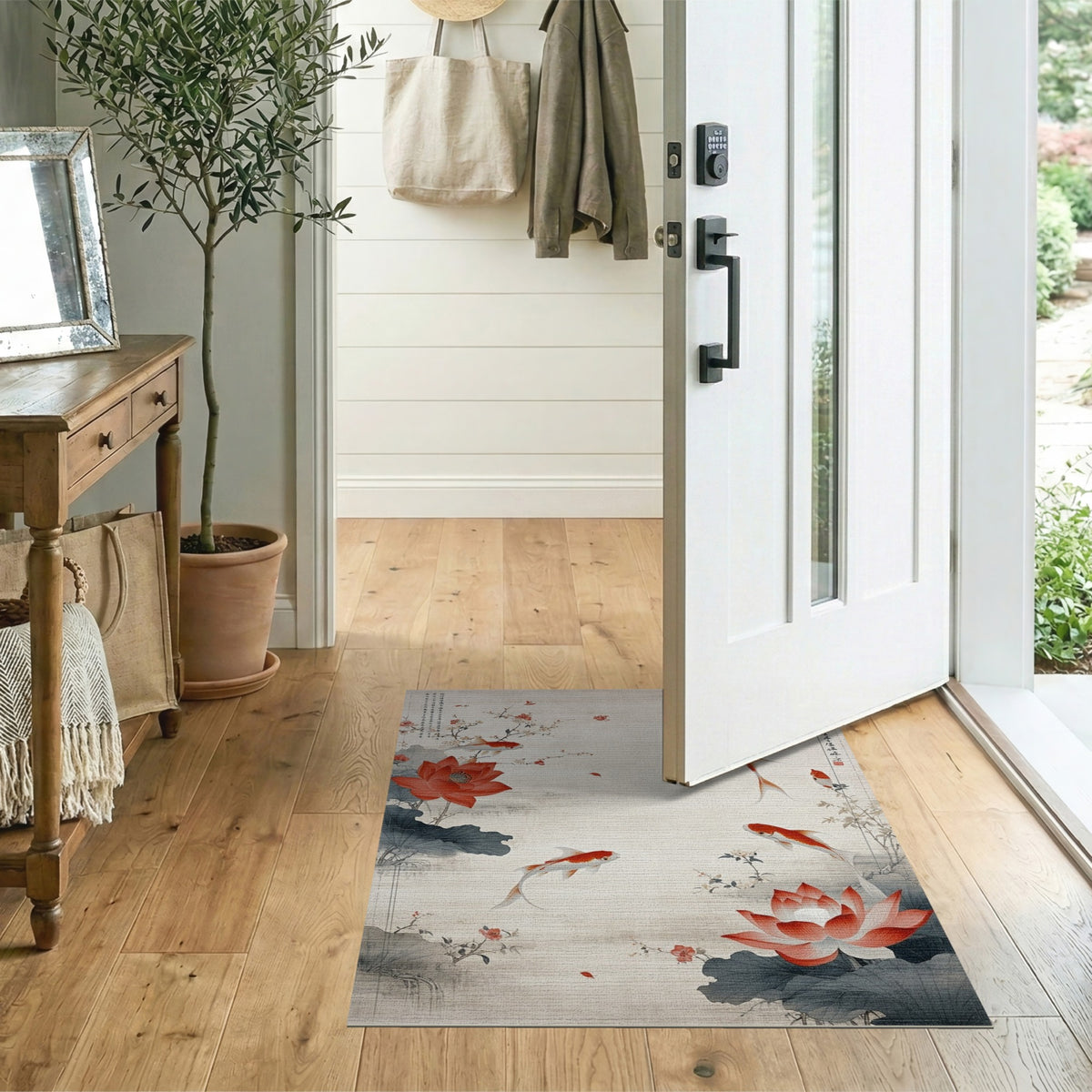 Red Koi Lotus Floral Vintage Area Rug