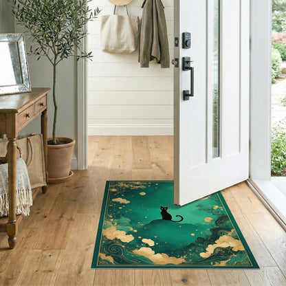 Black Cat Moon Teal Area Rug