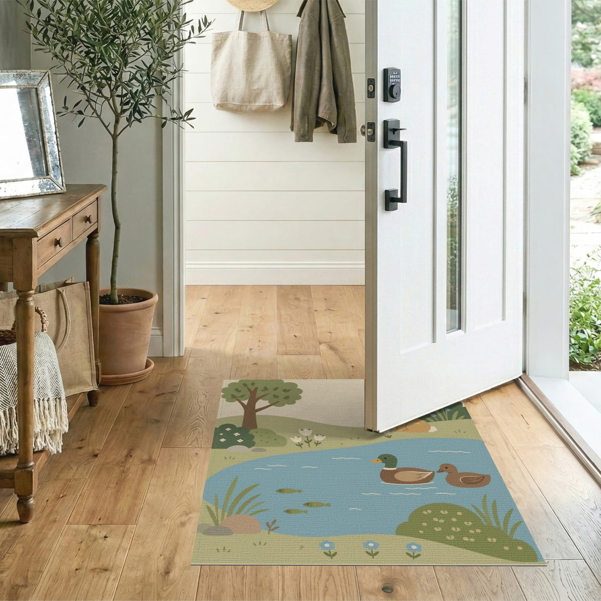 Whimsical Pond Duck Rabbit Kids Area Rug