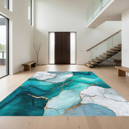 Teal Marble Gold Vein Rug