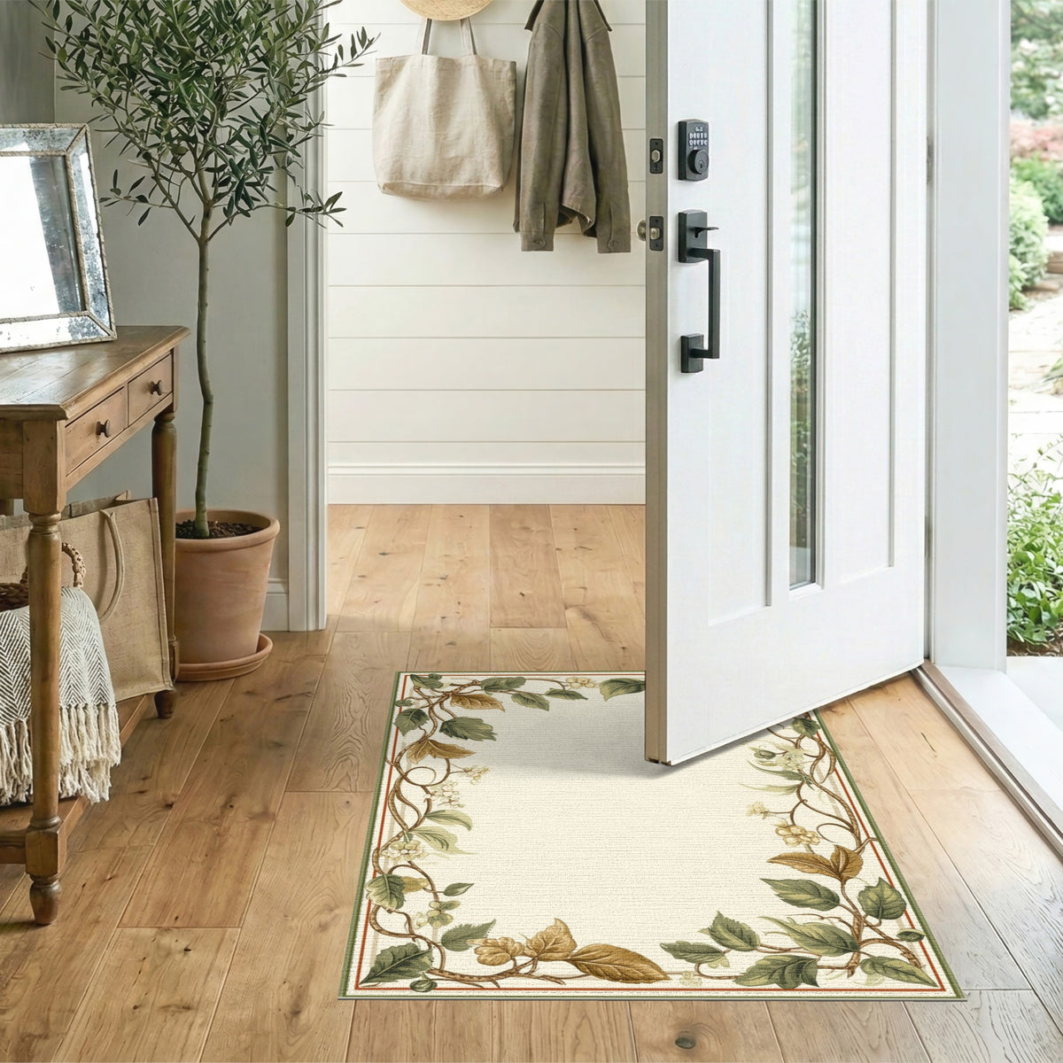 Floral Vintage Green Vine Leaf Floral Area Rug