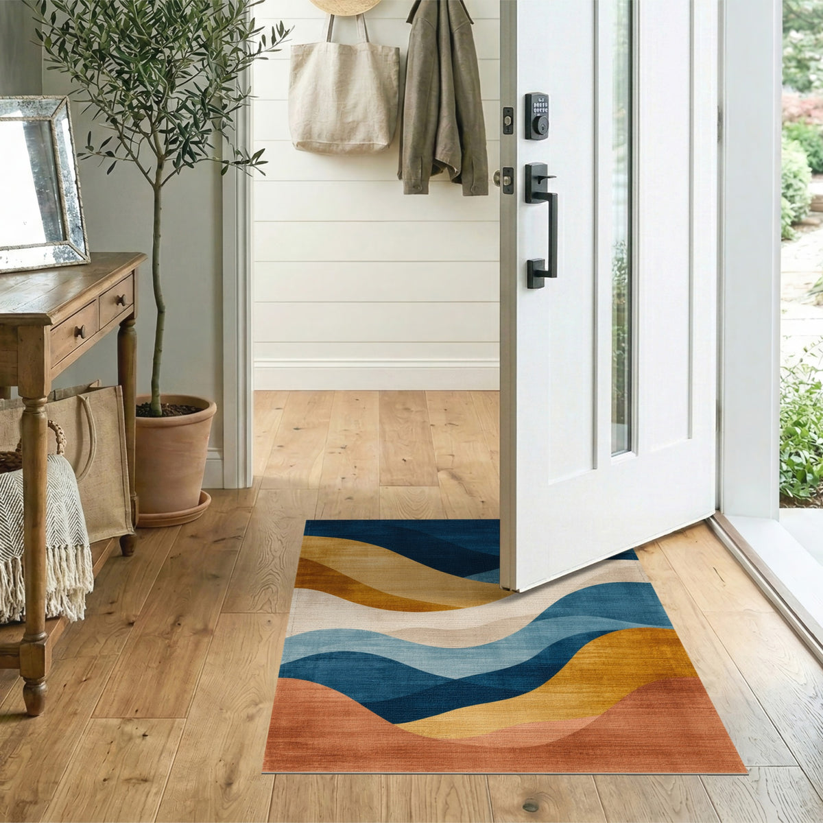 Blue Teal Abstract Wave Area Rug