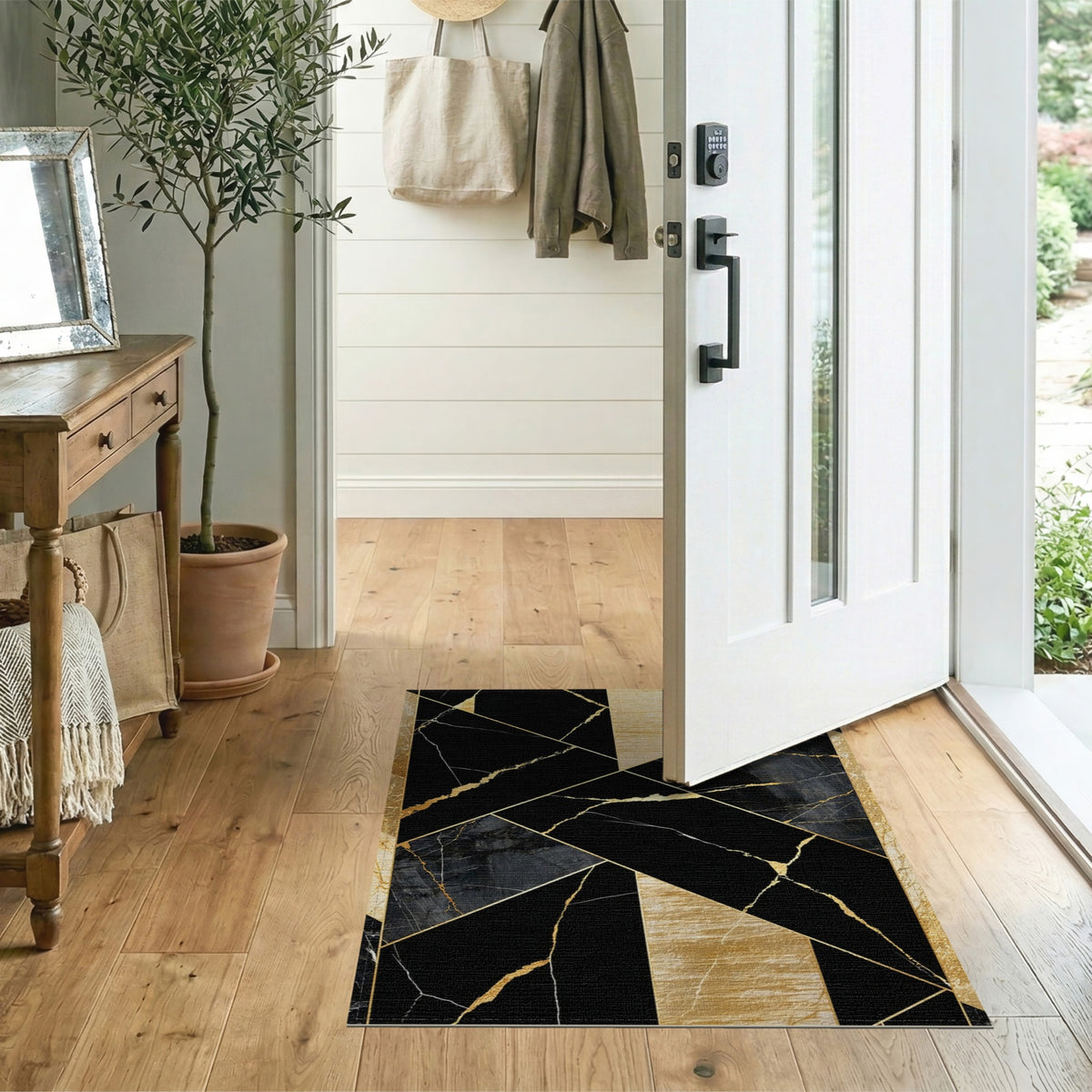 Black and White Black Gold Geometric Marble Area Rug