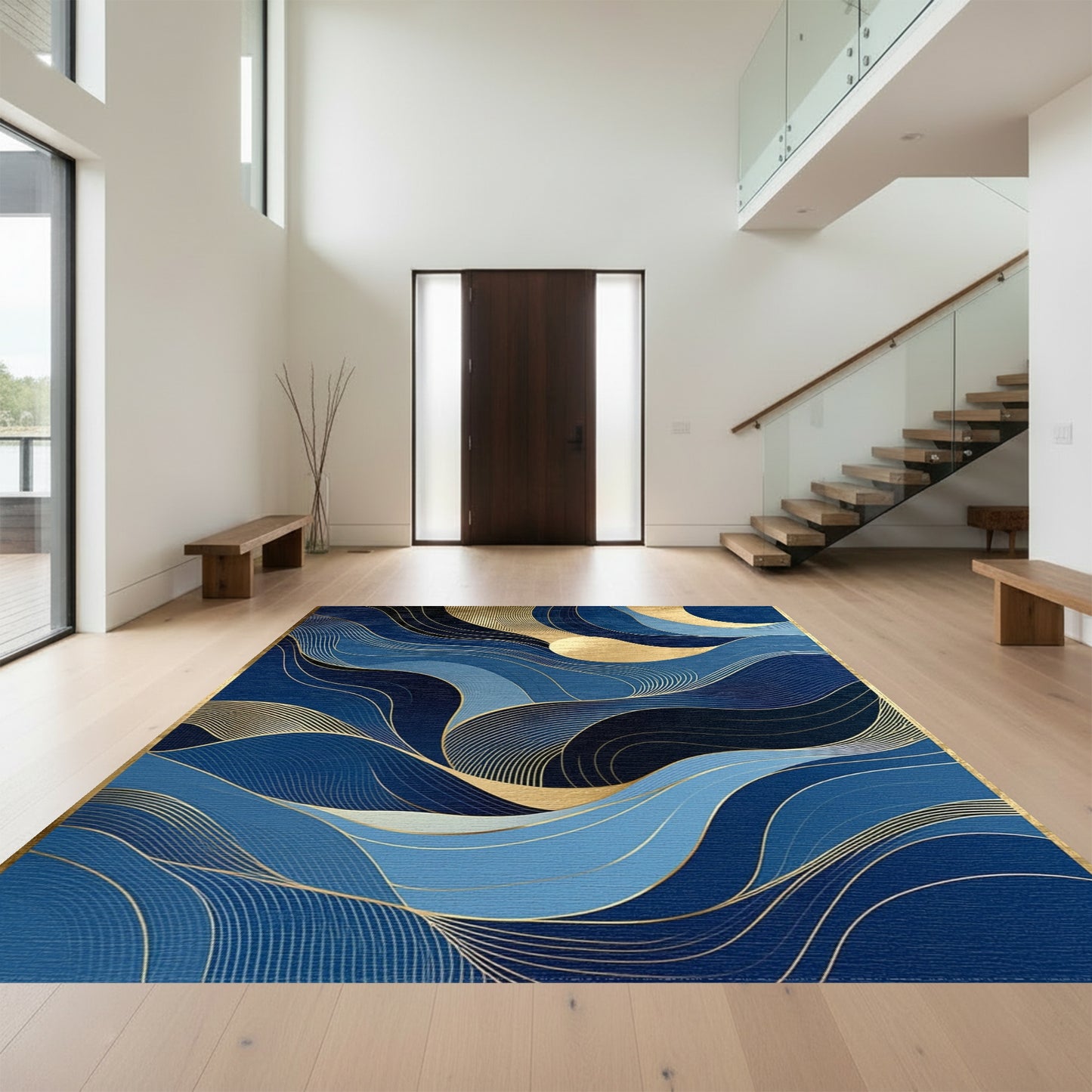 Navy Gold Waves Crescent Moon Rug