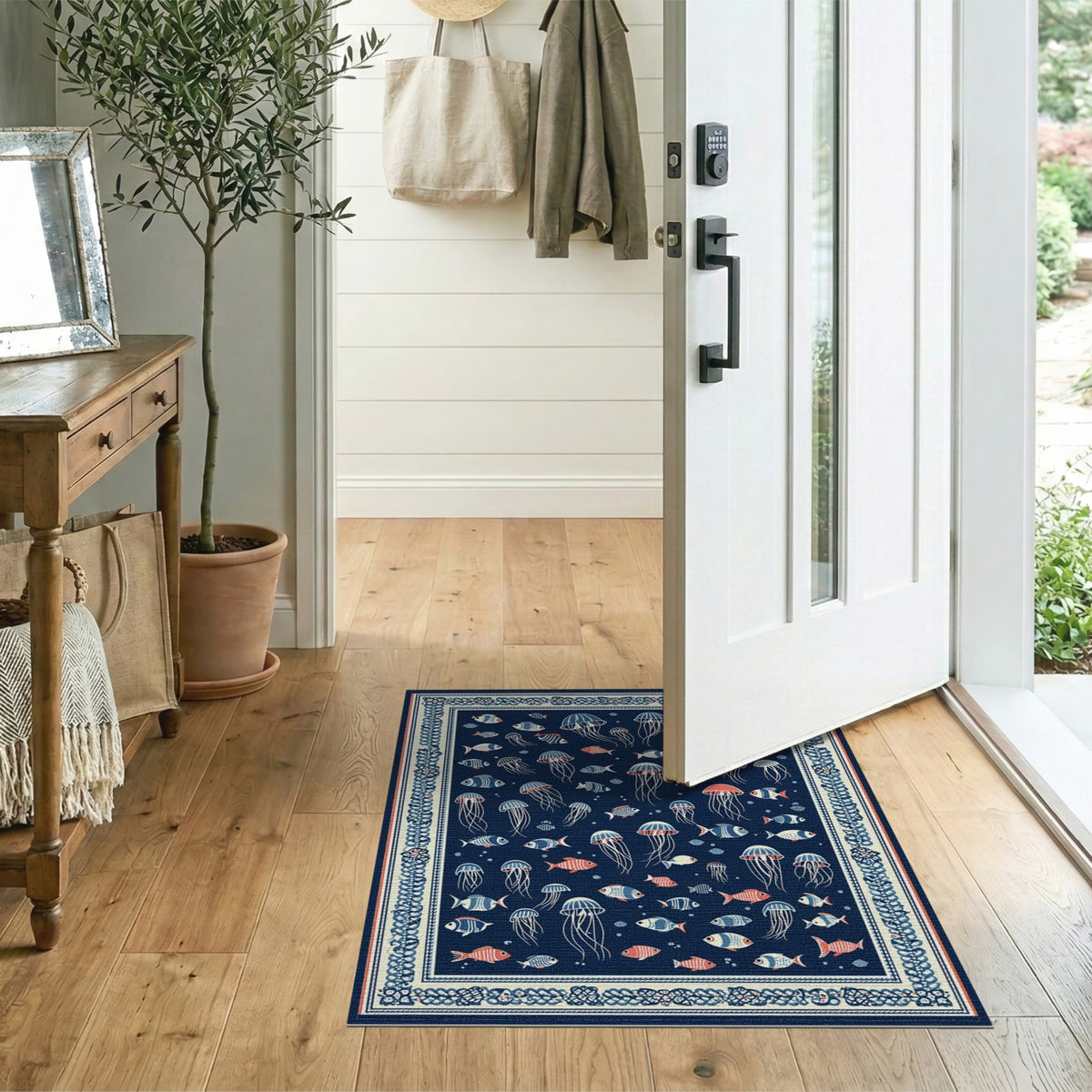 Navy Blue Jellyfish Coastal Area Rug
