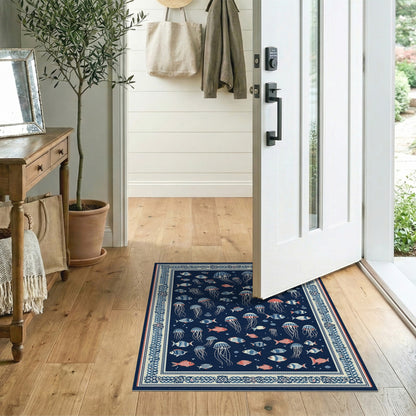 Navy Blue Jellyfish Coastal Area Rug