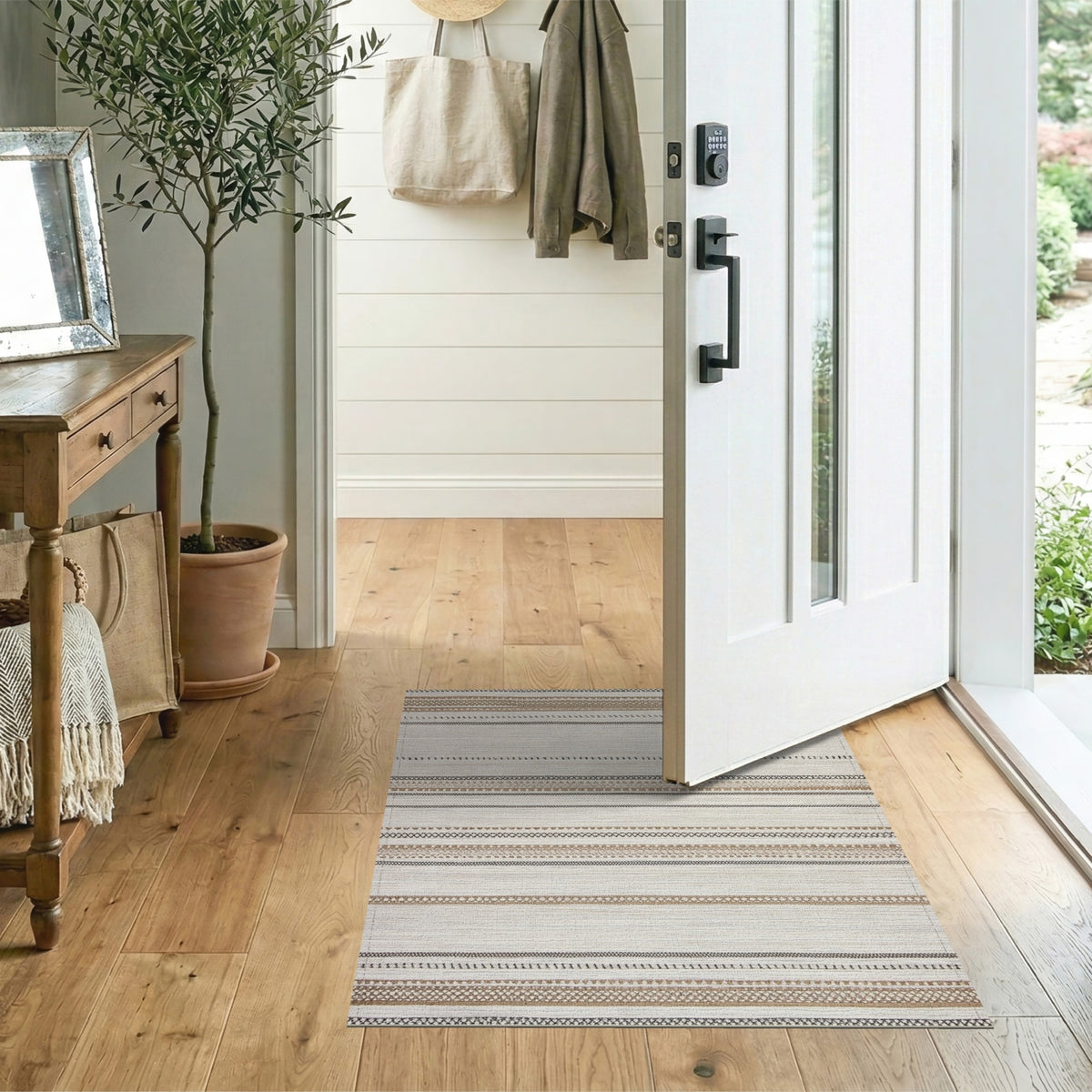 Brown and Tan Brown Tan Striped Heritage Tribal Area Rug
