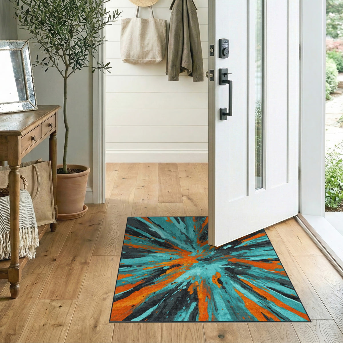 Teal Orange Abstract Burst Area Rug