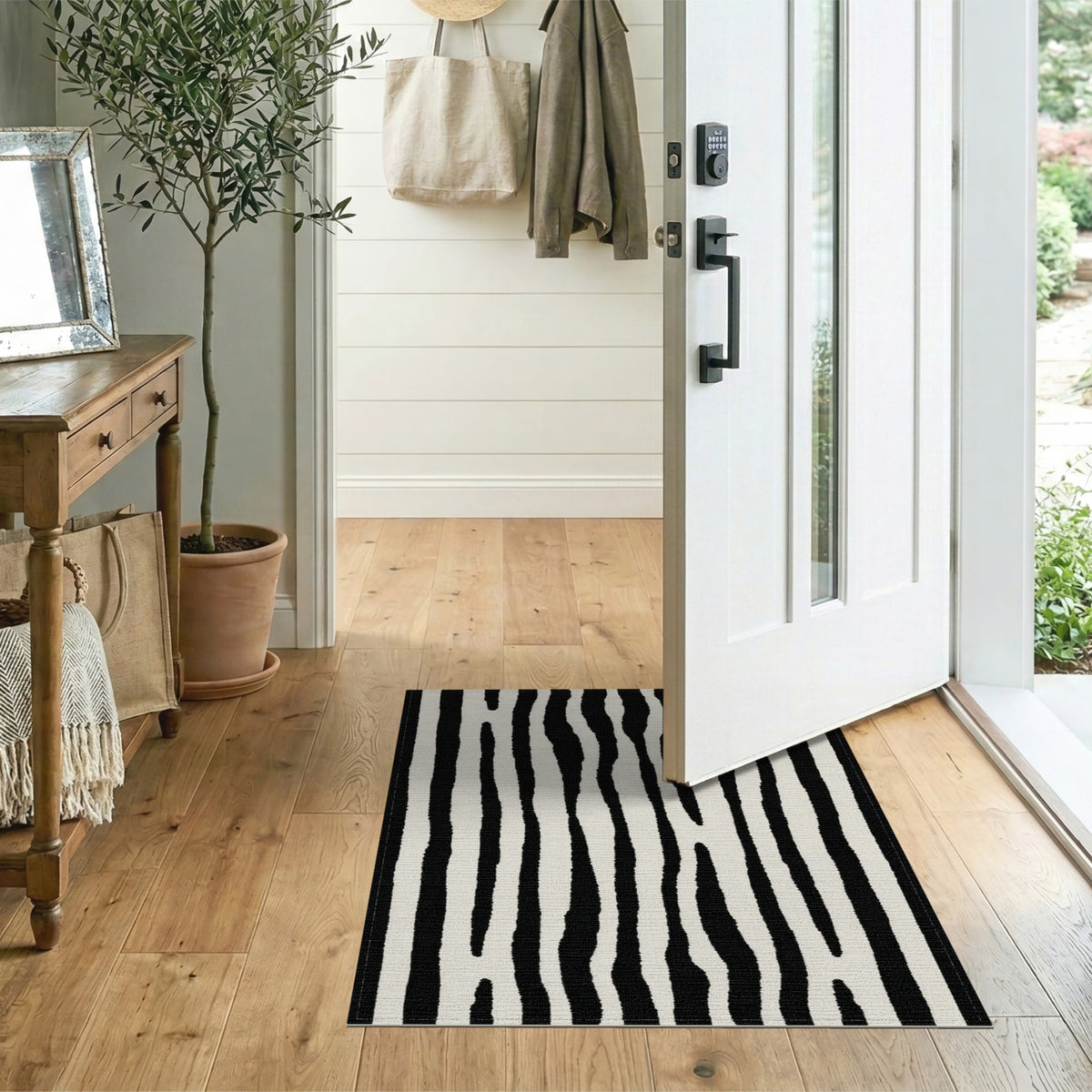 Geometric Modern Black and White Black White Wavy Stripe Area Rug