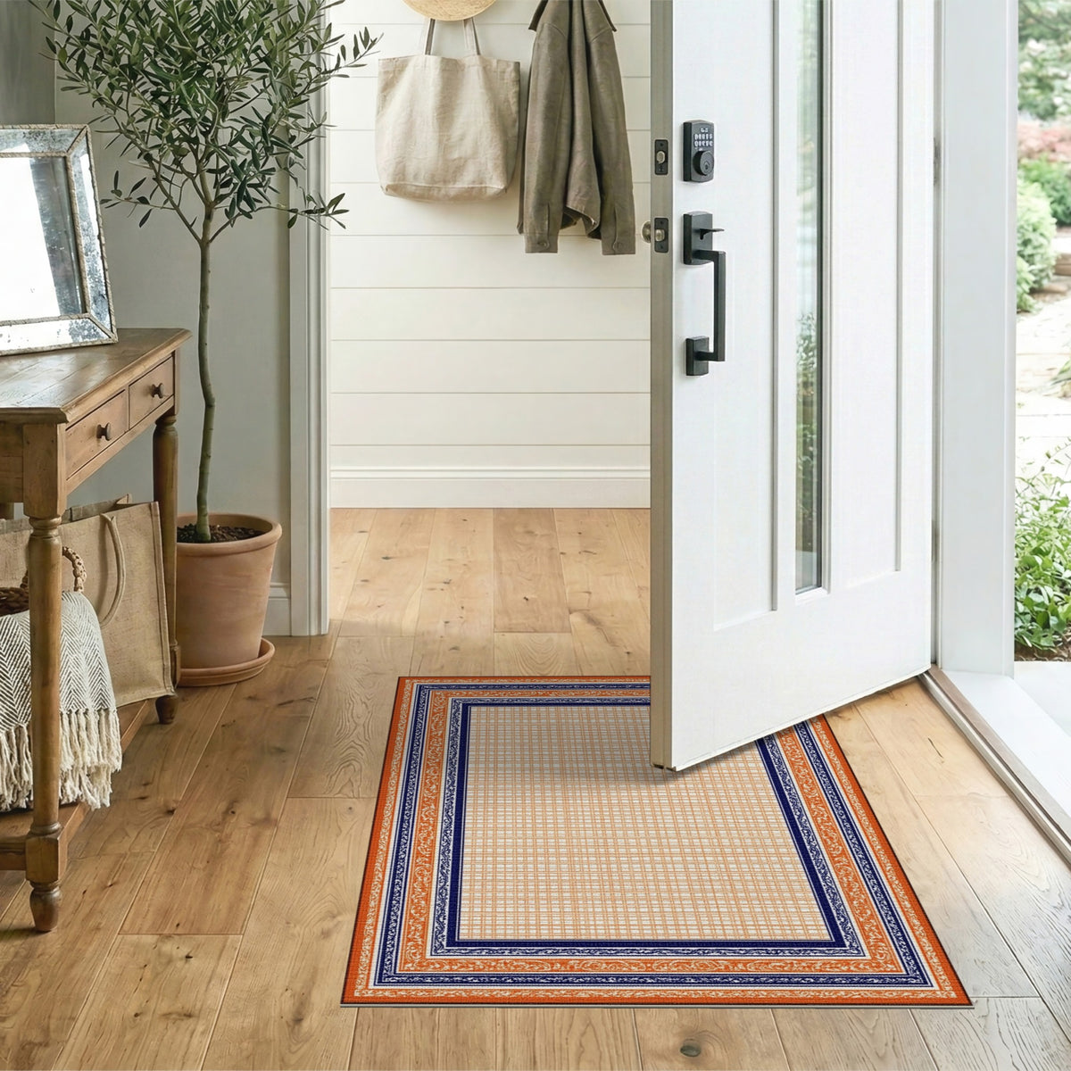 Orange Scroll Border Geometric Area Rug