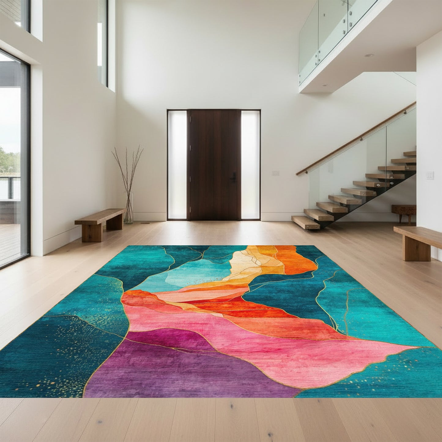 Teal Orange Gold Fluid Mountains Rug