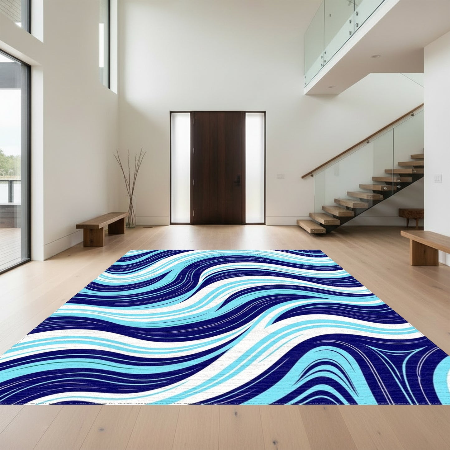 Navy Teal Fluid Wave Rug