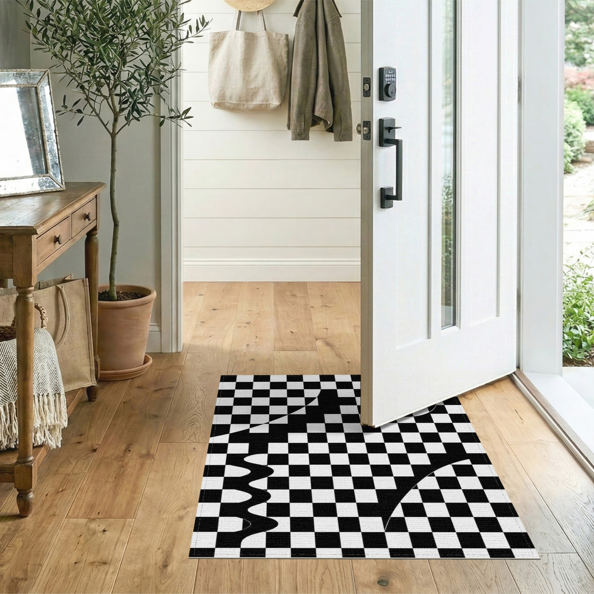 Black White Geometric Checkerboard Wave Area Rug