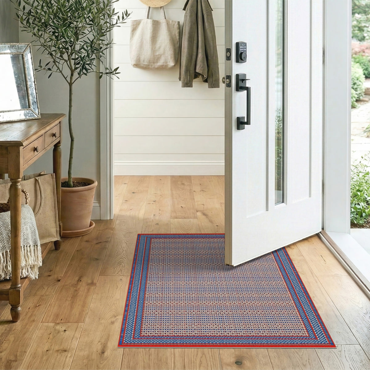 Red Blue Geometric Checkered Area Rug