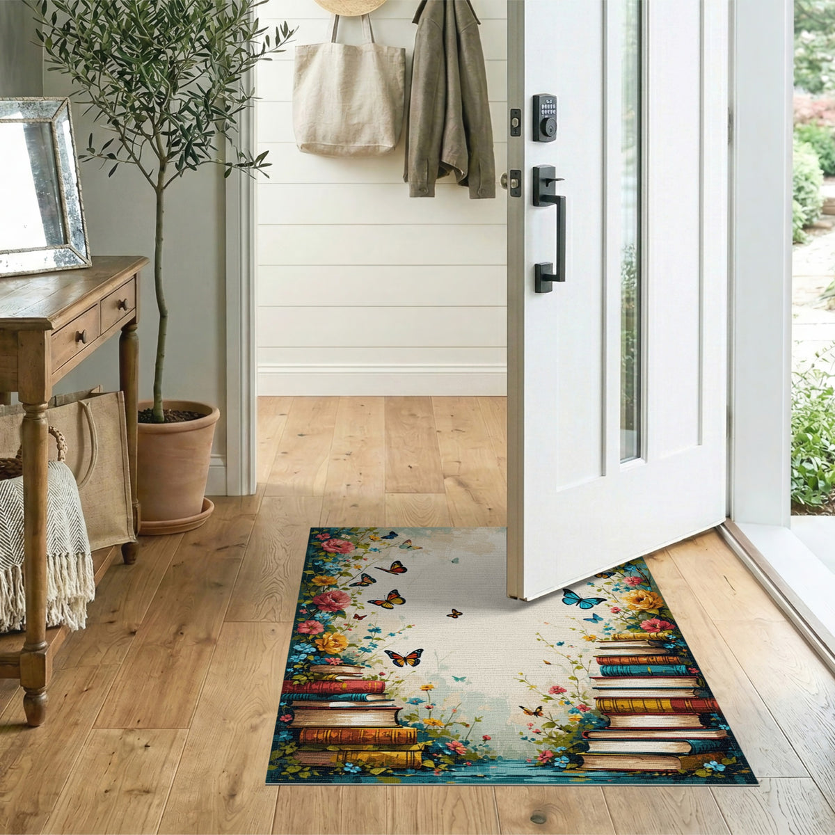Vintage Floral Books Butterfly Area Rug