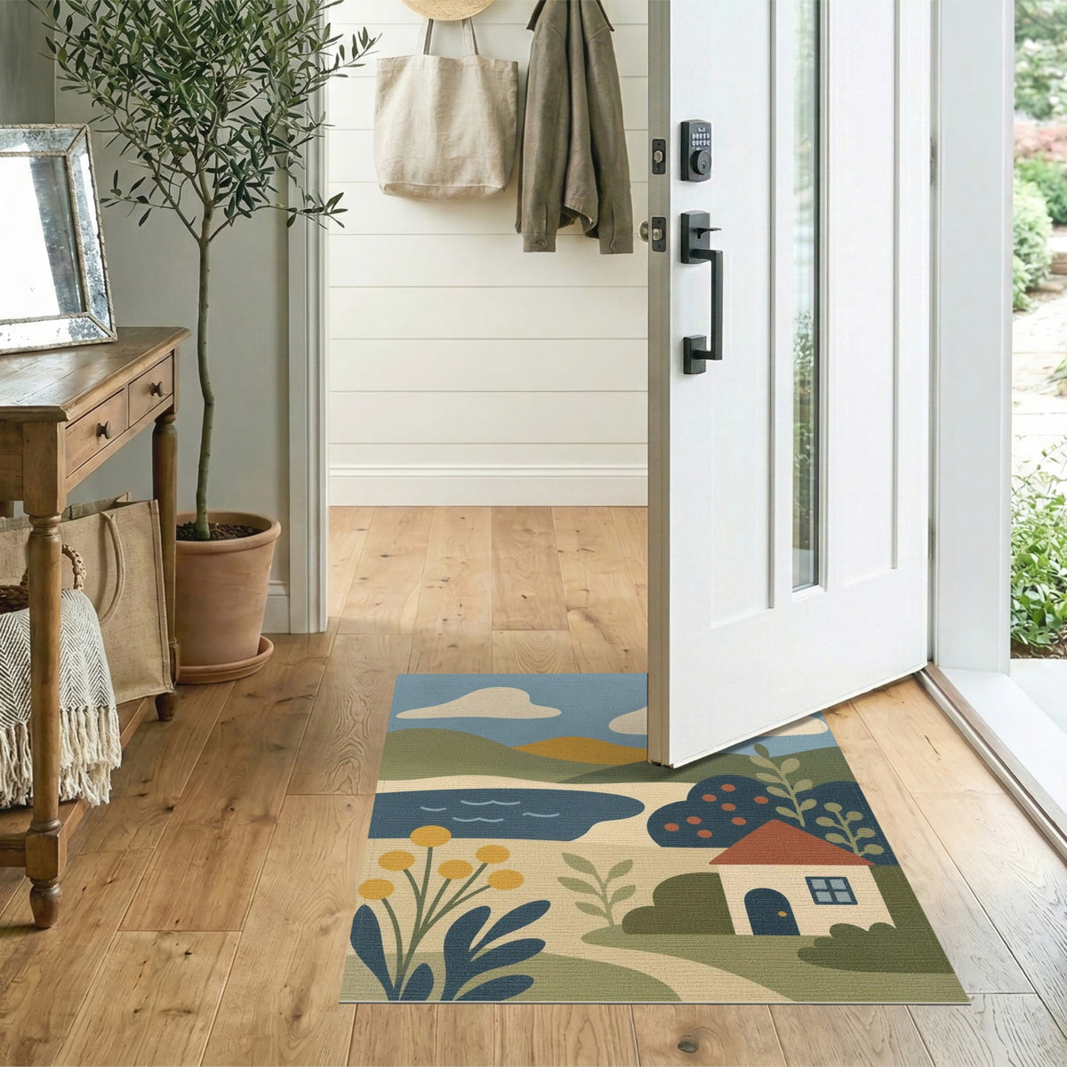 Blue Hillside Cottage Washable Area Rug