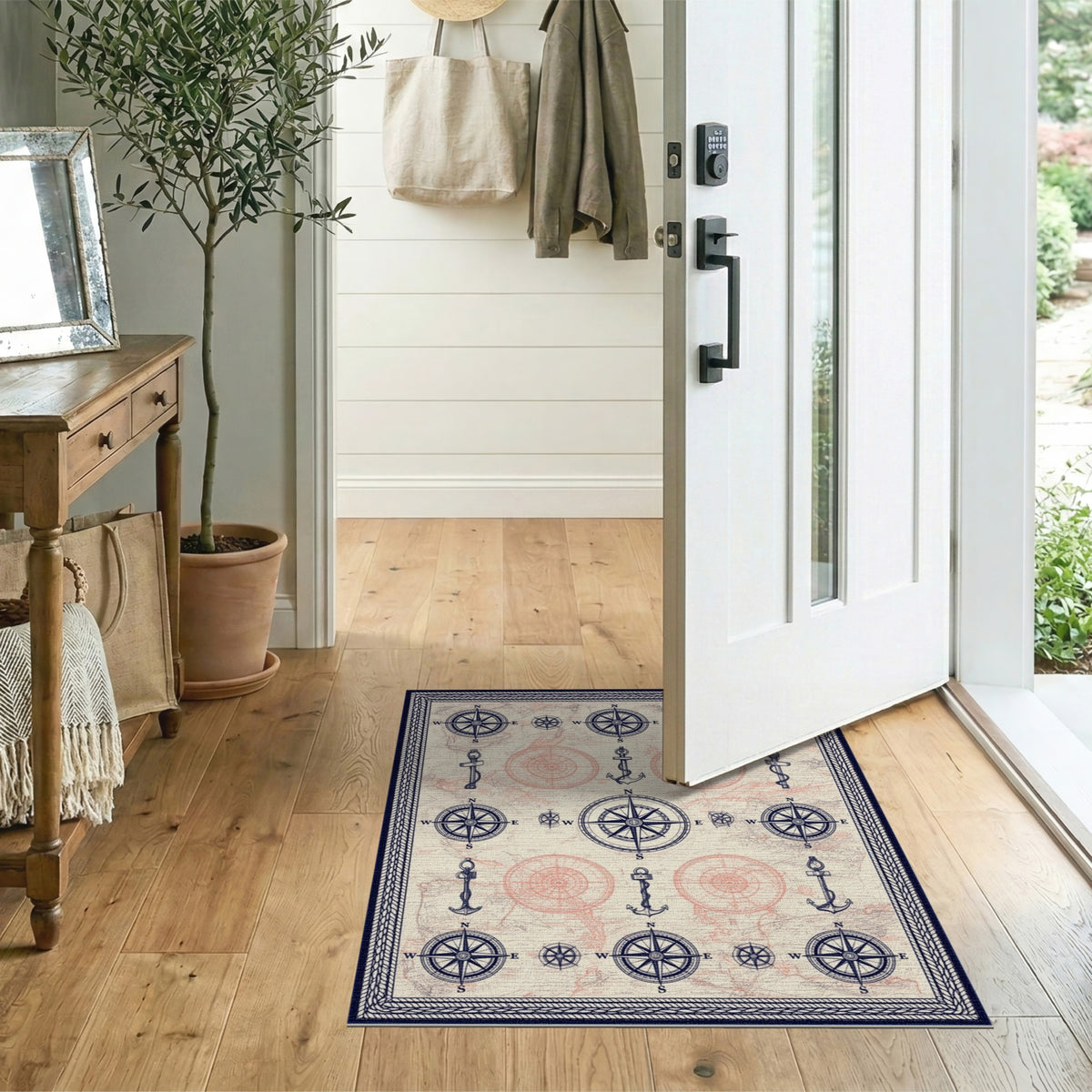 Distressed Vintage Blue and Teal Vintage Nautical Compass Area Rug