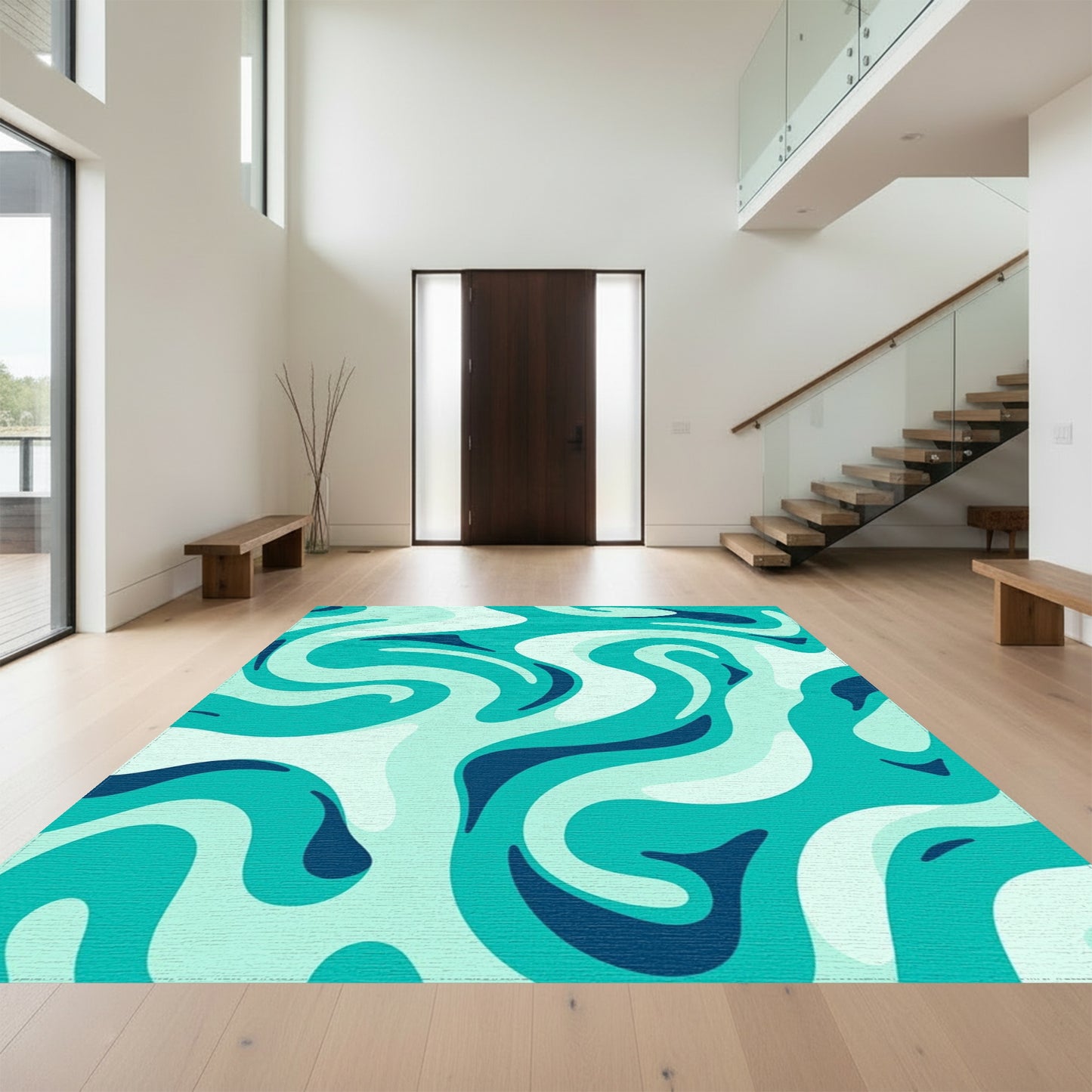 Teal Fluid Swirl Wave Rug