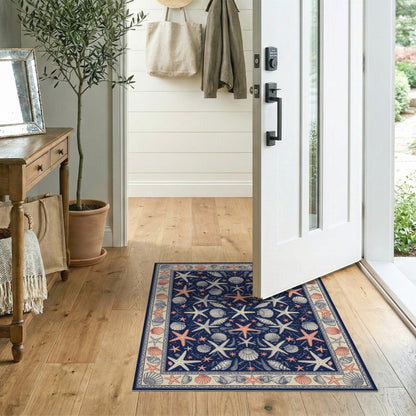 Blue and Teal Navy Coastal Starfish Seashell Area Rug