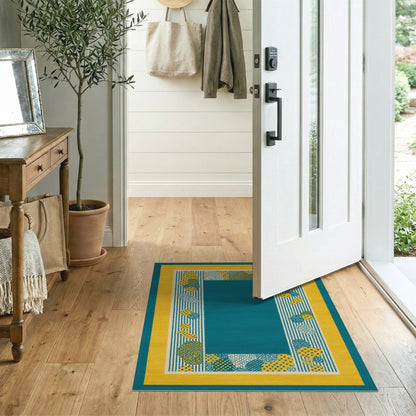 Blue and Teal Geometric Area Rug with Yellow Border