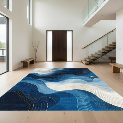 Layered Navy Waves Gold Rug