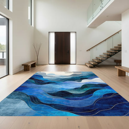 Abstract Layered Blue Waves Rug