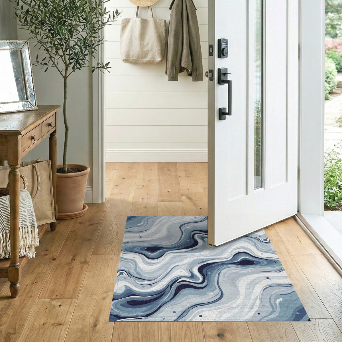 Blue and Teal Blue Swirl Marble Washable Area Rug