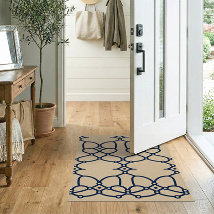 Navy Geometric Lattice Beige Area Rug