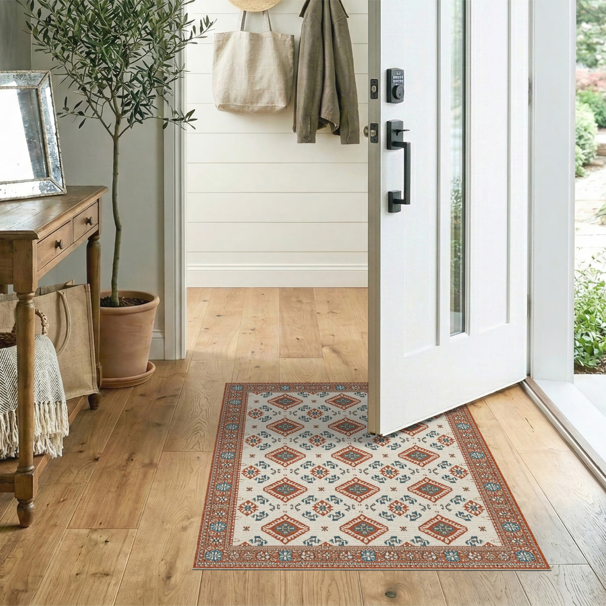 Beige Southwestern Area Rug with Red Teal Diamonds