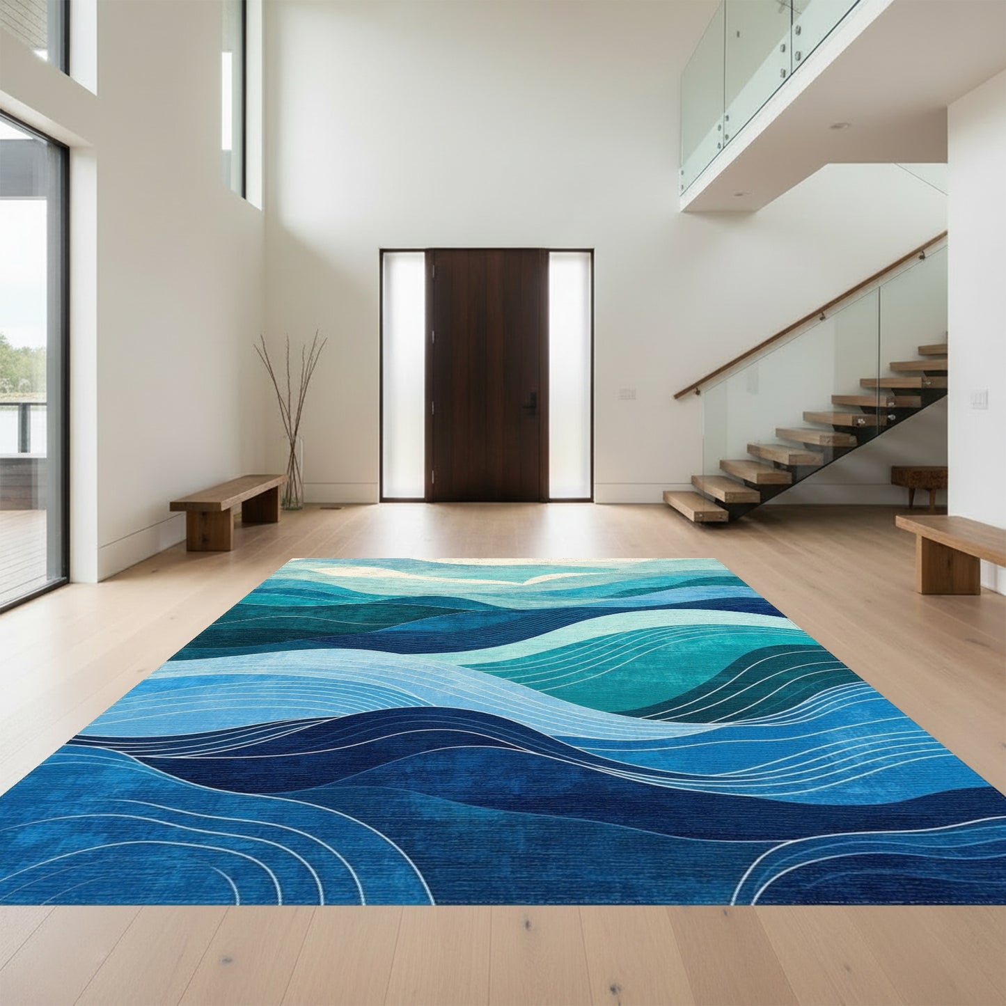 Layered Teal Blue Waves Rug