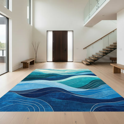 Layered Teal Blue Waves Rug