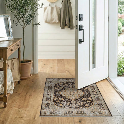 Beige Floral Medallion Distressed Area Rug