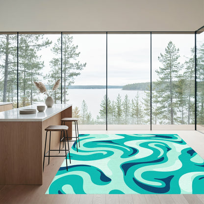 Teal Fluid Swirl Wave Rug