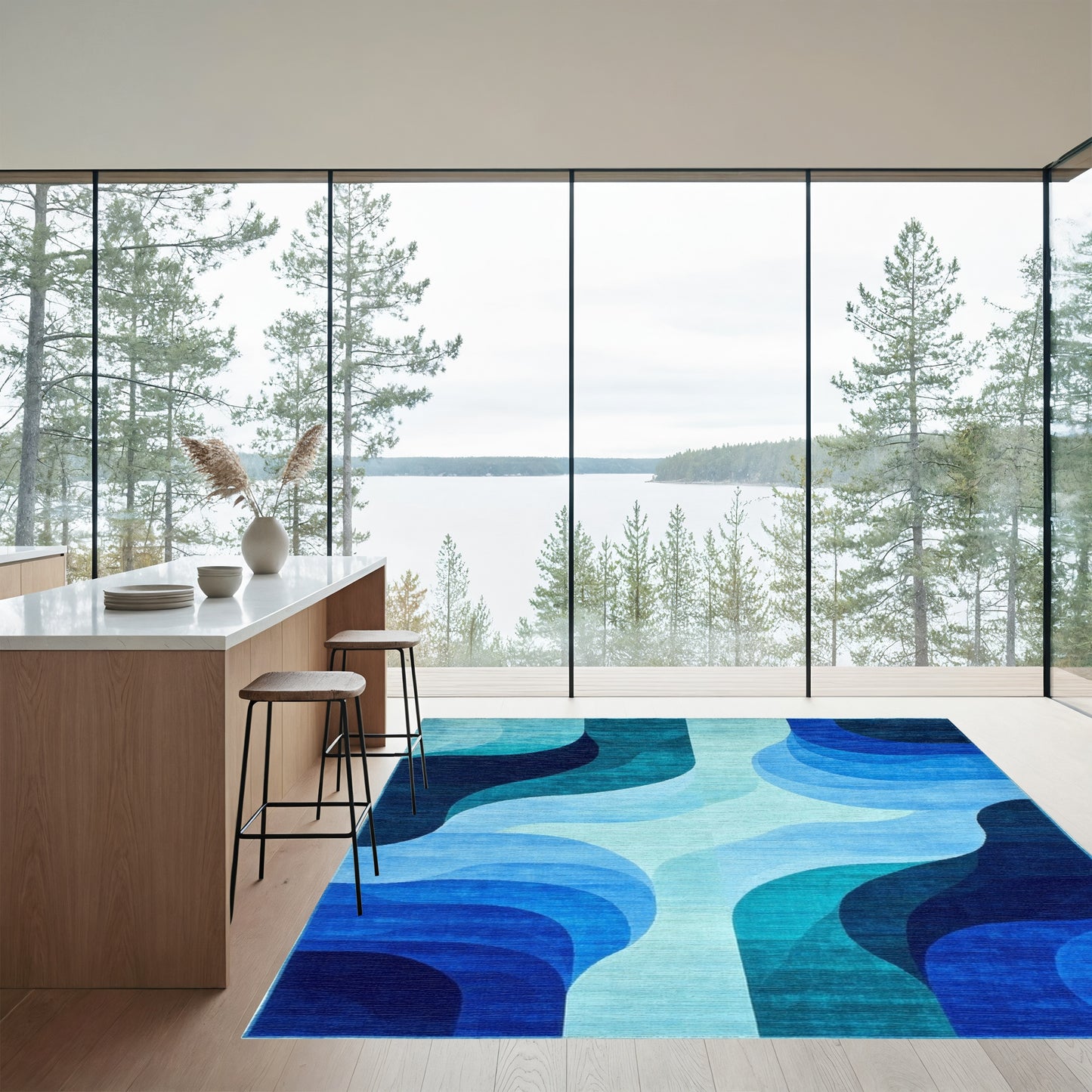 Teal Blue Abstract Wave Rug