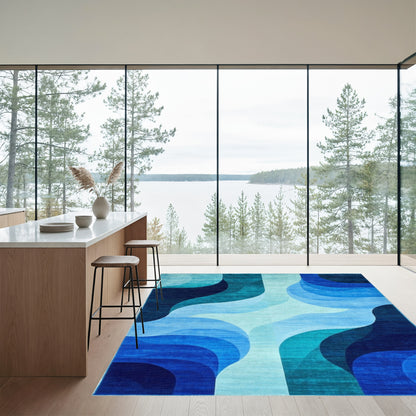 Teal Blue Abstract Wave Rug