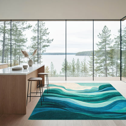 Teal Layered Abstract Waves Rug
