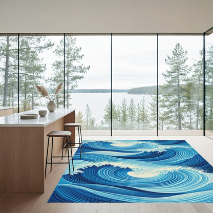 Navy White Crashing Waves Rug