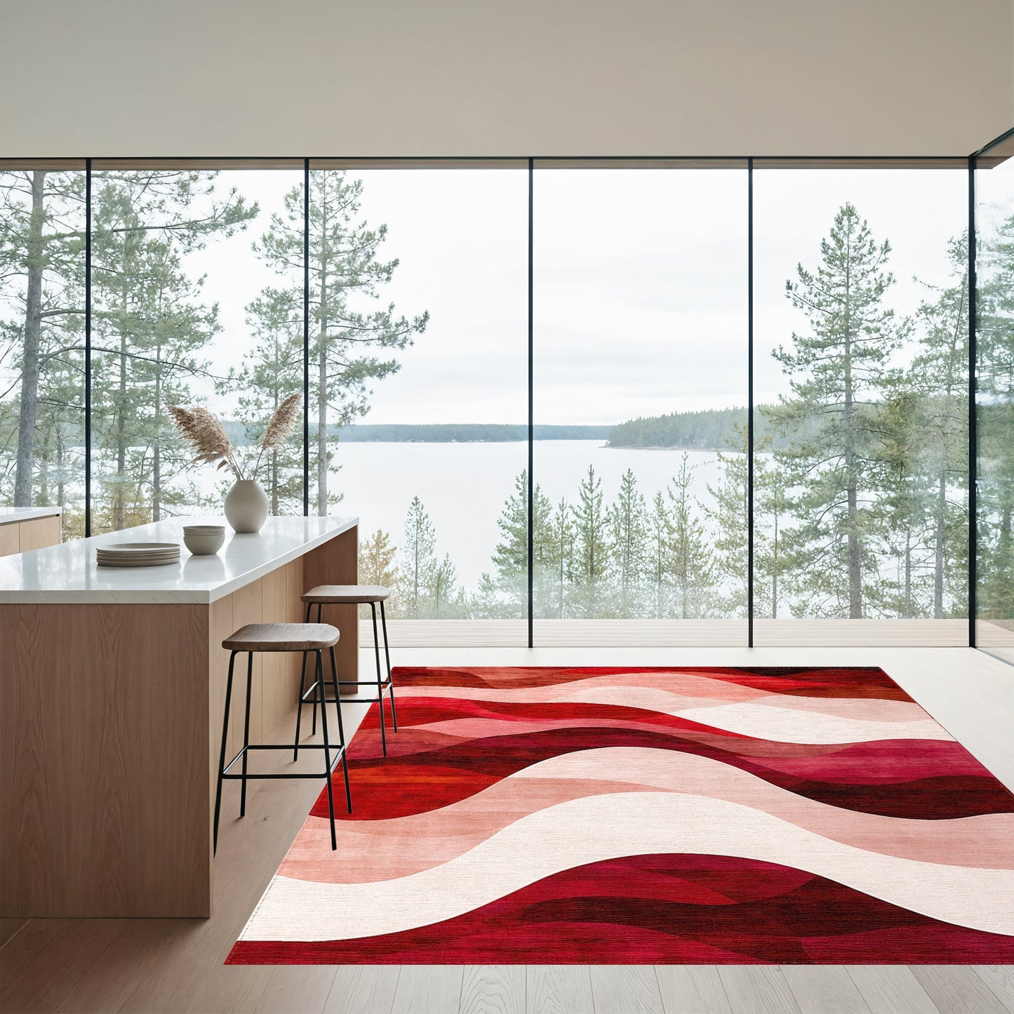 Abstract Red Layered Waves Rug