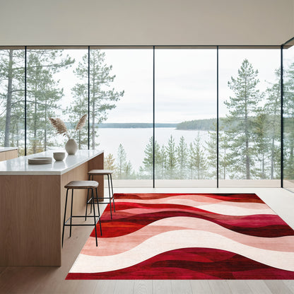 Abstract Red Layered Waves Rug
