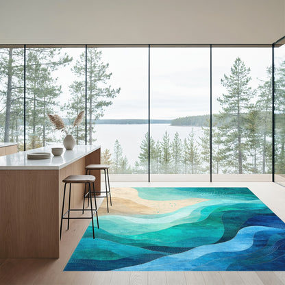 Teal Blue Abstract Wave Rug