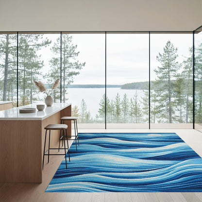 Blue Layered Waves Moon Rug