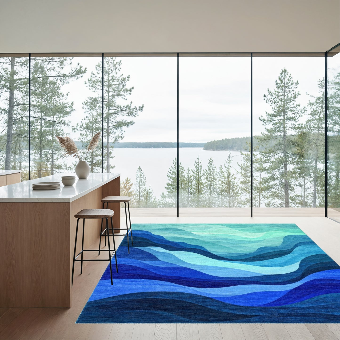 Teal Blue Layered Wave Rug