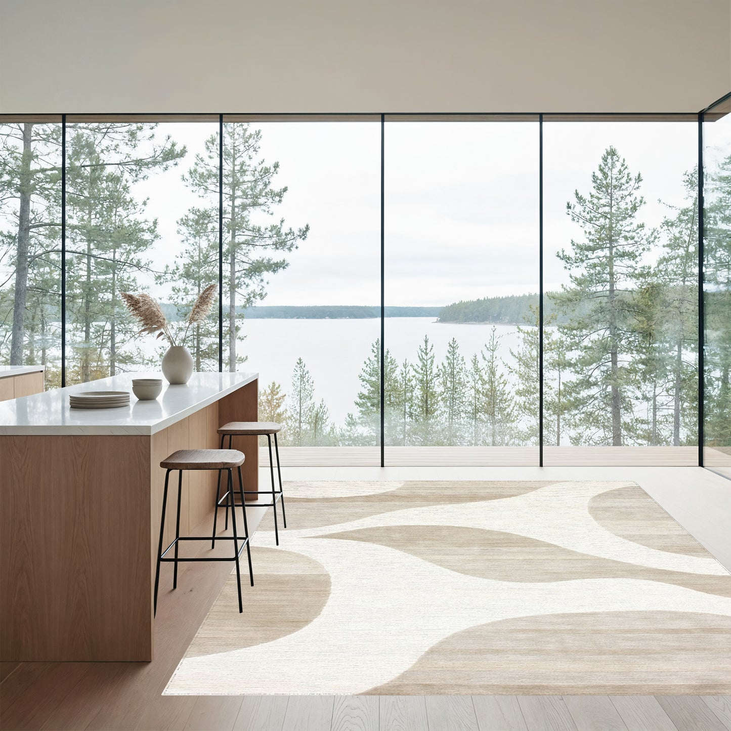 Abstract White Curves Beige Striped Rug